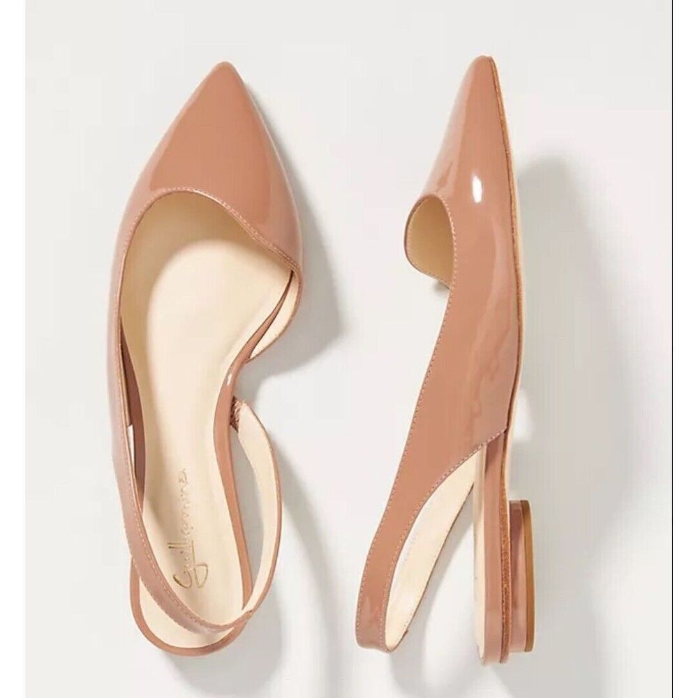 Anthropologie Guilhermina Pointed Toe Taupe Nude Patent Slingback Flats Sz 9